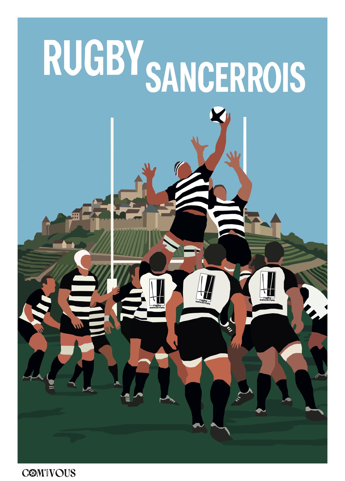Affiche illustrée du Rugby Sancerrois : une touche devant la colline de Sancerre et ses vignes