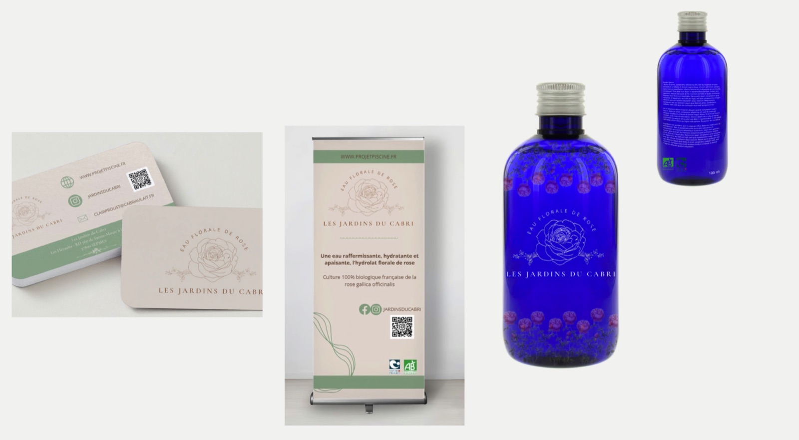 Les Jardins du Cabri : cartes de visite, kakémono et flacons d'eau de rose